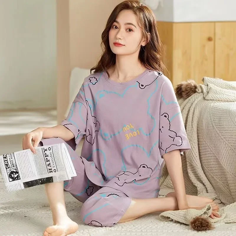 Women Summer Short Sleeve Printed Round Neck Pullover Pajama Set Plus Size Comfortable Home Clothing Sleeping women pajamas set women pajama suit cotton pajamas set