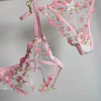 MOYISU – Lingerie Sexy Vintage pour femme de chambre française, ensemble transparent en dentelle lourde avec broderie florale, sous-vêtements confortables grande taille 32-38 AB