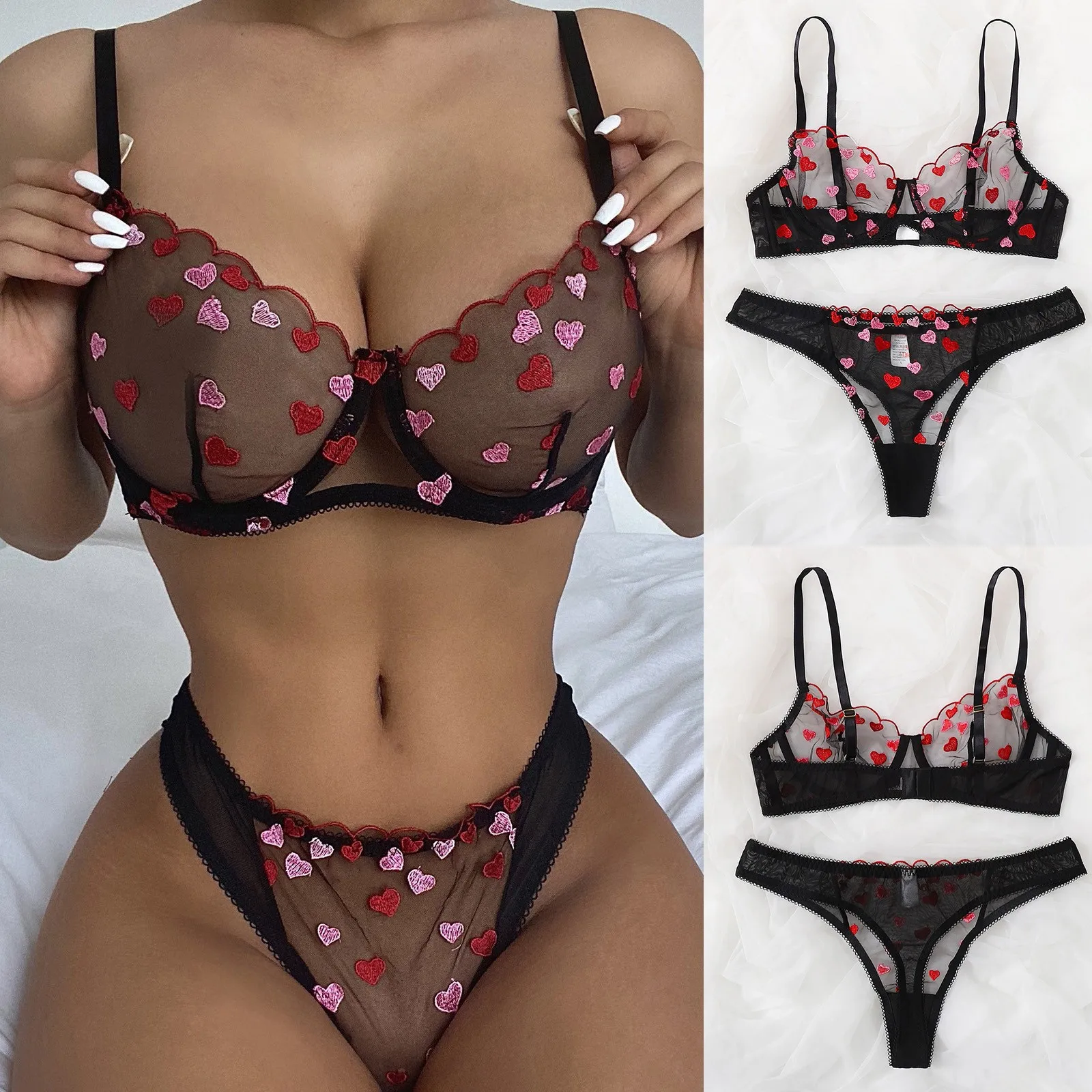Love Embroidery Bra G-String Thong Sleepwear Underwear Lingerie For Ladies G-String Three-Point Set Sexy Lingerine Outfits