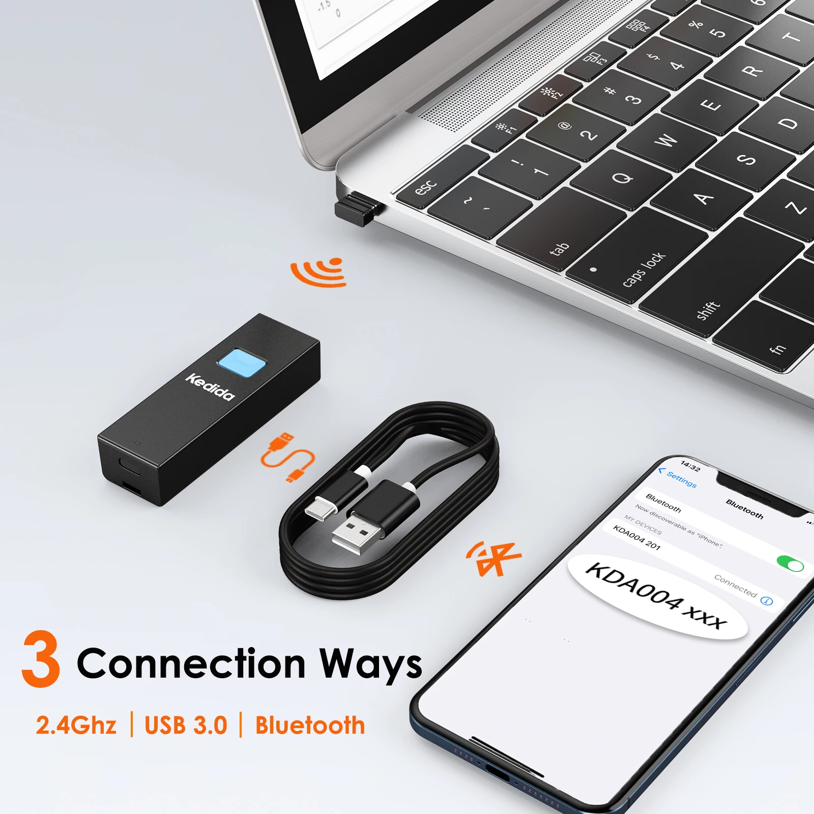 무선 2D 미니 바코드 스캐너, USB 유선 2.4G 무선 블루투스 바코드 스캐너, 휴대용 1D 2D QR 코드, 케이스 포함, 3 인 1