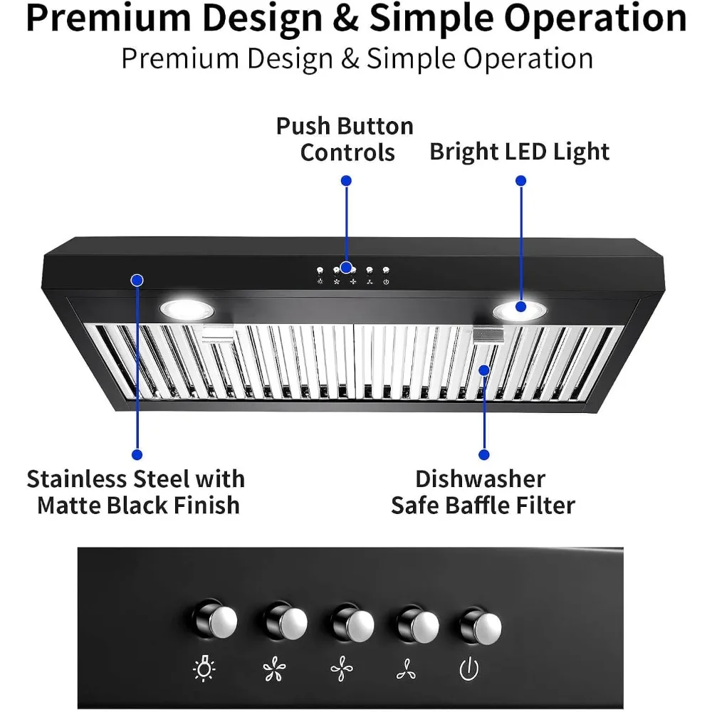 Range Hood 30 inch Under Cabinet,Black Stainless Steel Range Hood with 500 CFM,Ductless Black