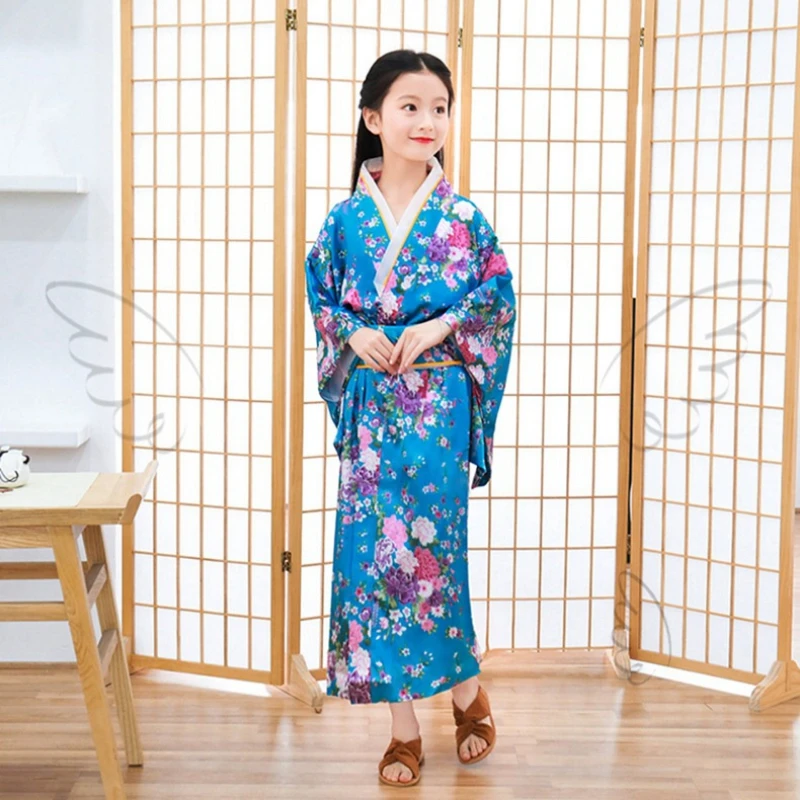 Japanese Kimono Children Kimono Traditional Japanese Style Floral Yukata Dress Kids Obi Vintage Samurai Halloween Cosply Costume Haori Outfit