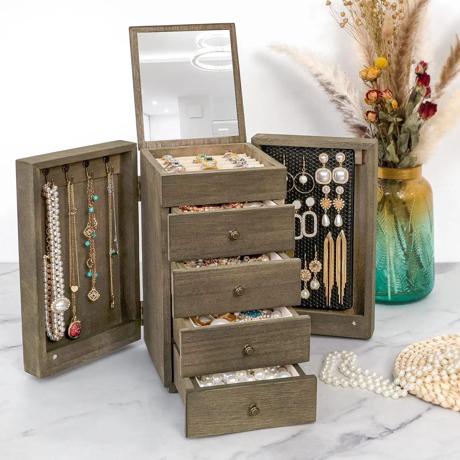Jewelry Box Wood for Women, 5-Layer Large Organizer Box with Mirror & 4 Drawers for Rings, Earrings, Necklaces