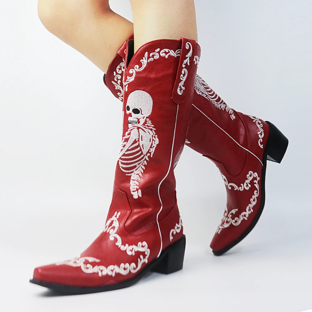 Plus Size 34-48 Designs New ladies' Boots Winter Autumn mid-calf Boots Women Embroidery Cool Shoes Woman Chunky High Heels Women