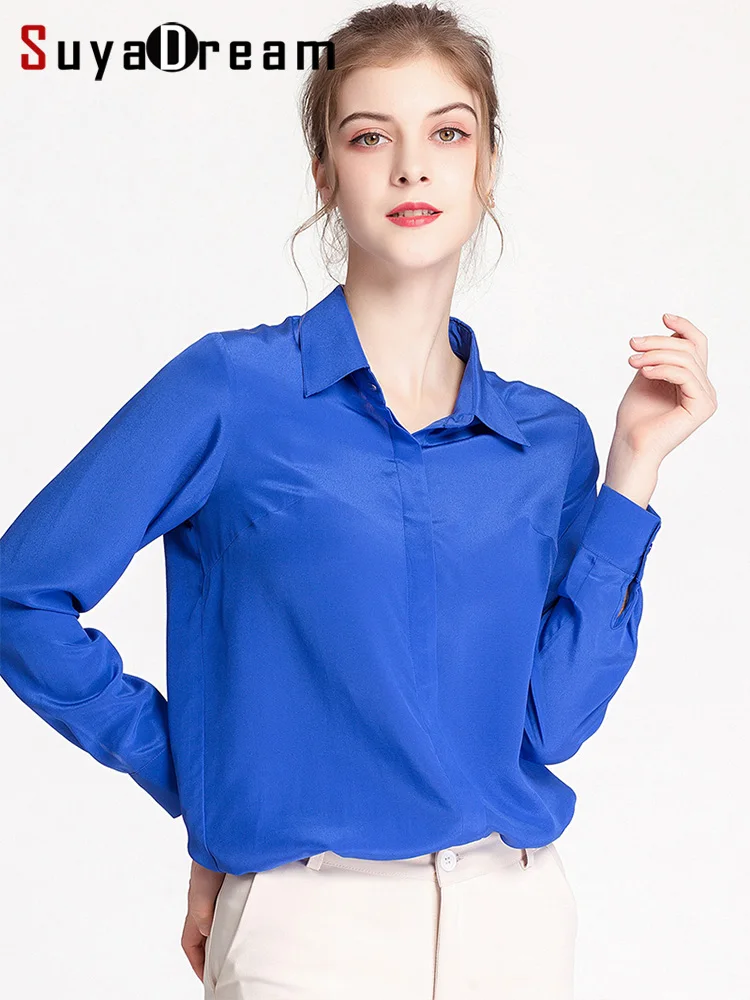 SuyaDream Women Silk Shirt 100%Silk Crepe Long Sleeved Solid Blouse Shirt 2021 Autumn Winter Office Chic Shirt Blue Black khaki black mid length chic blazers women solid colors single button plus size suits 2021 spring autumn new work casual blazer