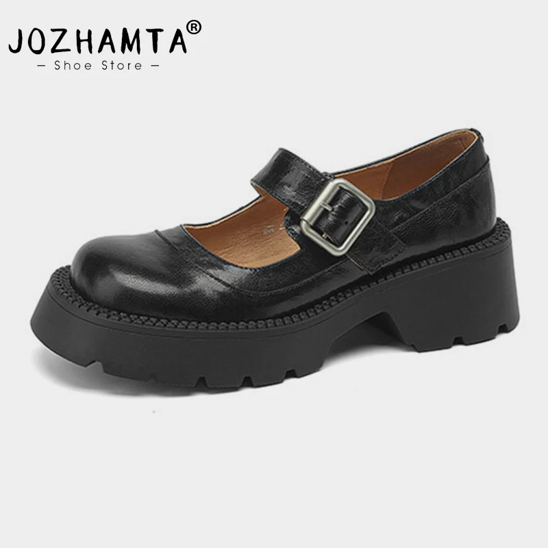 

JOZHAMTA Size 34-40 Real Leather Retro Pumps Thick Heels Platform Mary Jane Jk Dress Shoes 2024 Casual Spring Loafer Office Lady