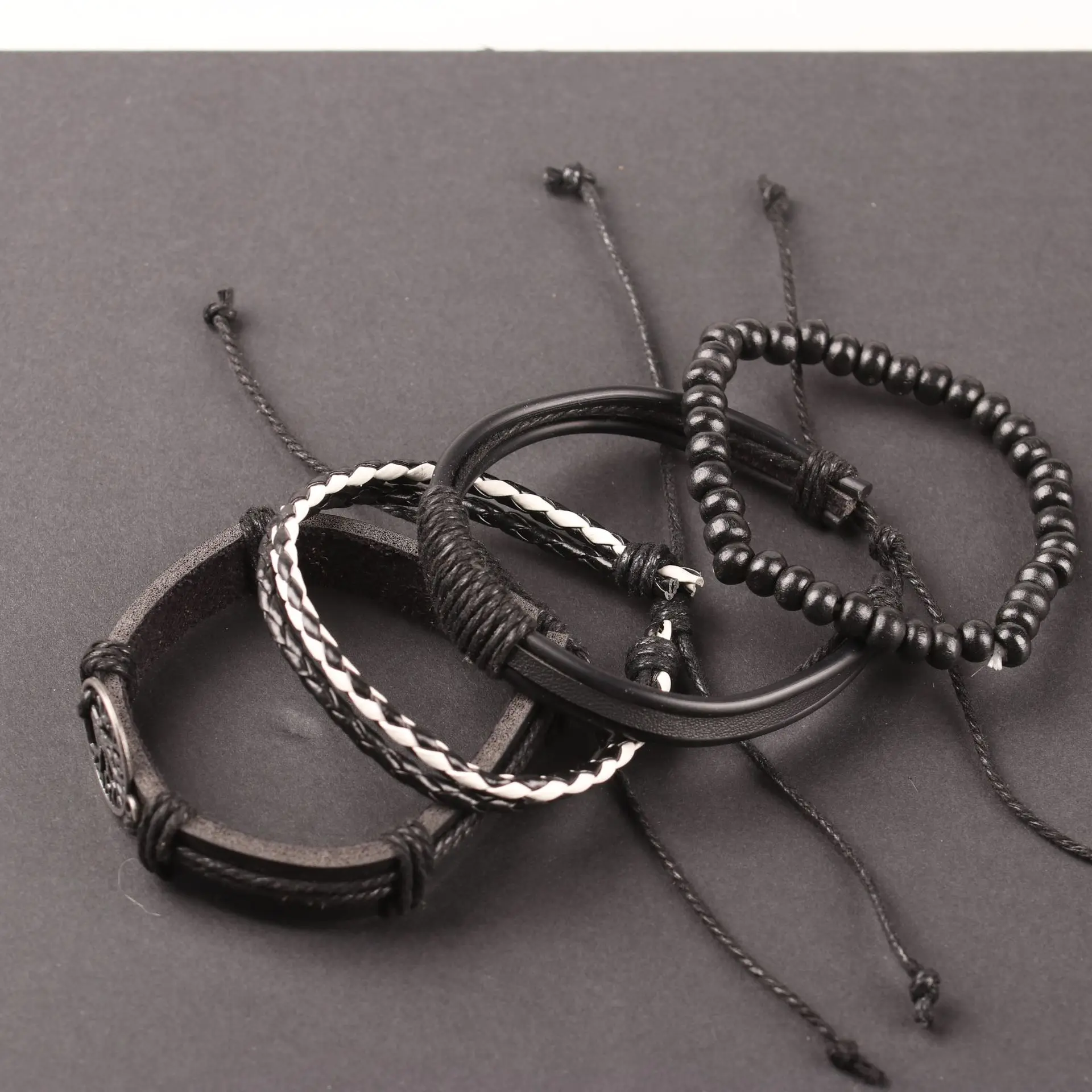 Tree of Life Alloy Accessories Four Combination Set Leather Men's Bracelet Leather Bangle Wooden Beads Hand-woven Leather Ornament