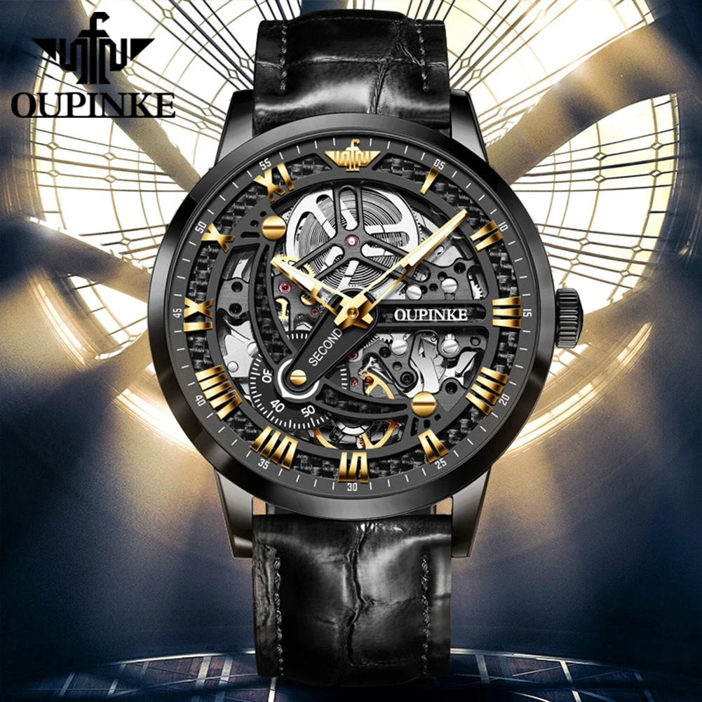 OUPINKE 3173 Swiss Brand Automatic Mechanical Watch For Men Skeleton Flywheel Luxury Man Watches 50M Waterproof Dress Hand Clock