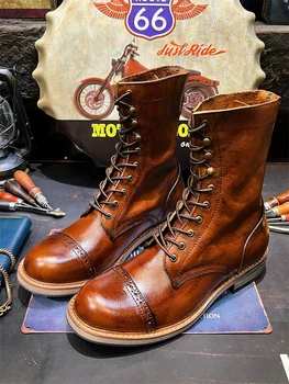 Vintage Leather Tooling Cycling Boots Men's Big Head Layer Cowhide Long Motorcycle Shoes
