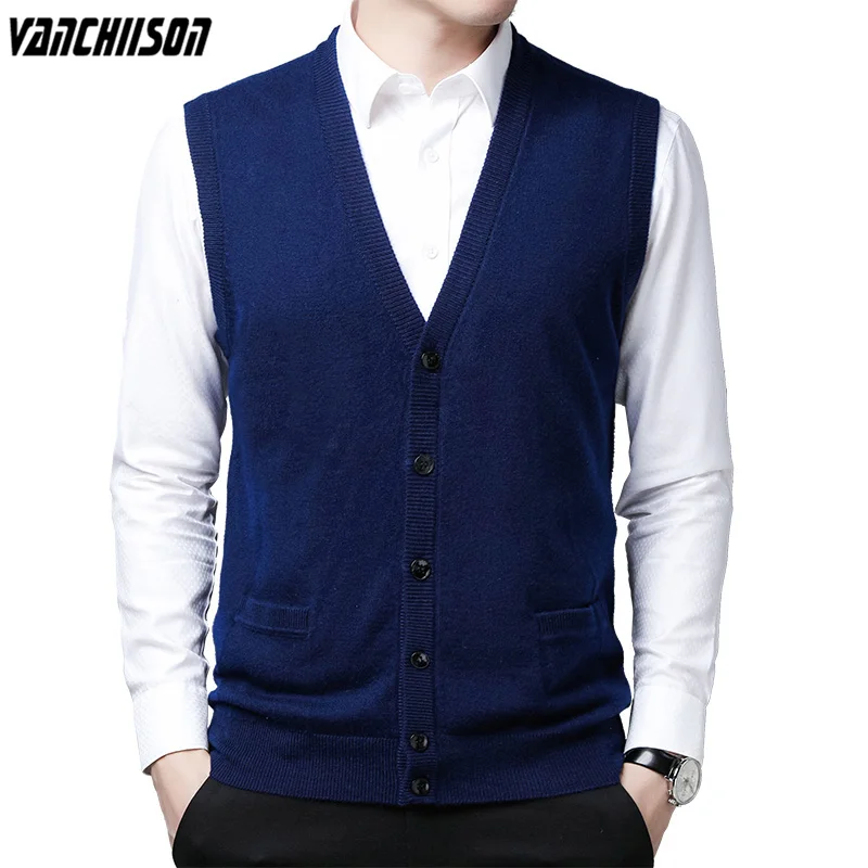 Men Soft Wool Vest Sleeveless Knit Buttons Down V Neck Basic Sweater Cardigan for Autumn Winter Smart Casual England Style 00453