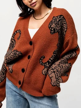 Women s Casual Lightweight Button Up Sweaters with Tiger Print Long Sleeves and Warm Knitwear for Fall Streetwear Fashion 4