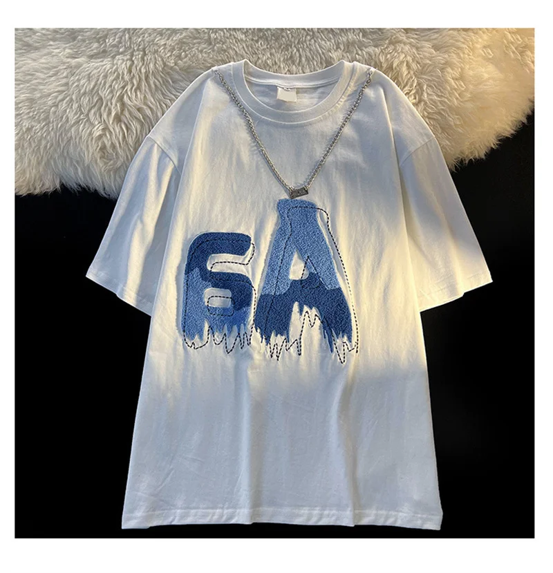 

2023 Summer New Round Neck Short Sleeve T-shirt Men's and Women's Letter Flocking Casual Half White High Quality Top