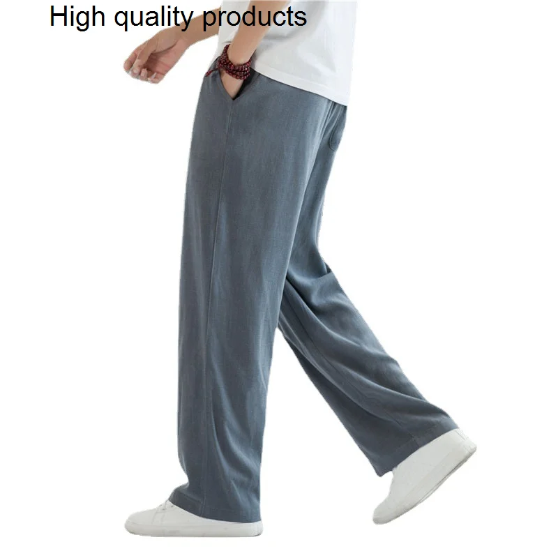 

Summer Men Casual Pants Wide Leg Long Cotton Linen Thin Trousers Loose Cool Streetwear Clothes Many Pockets