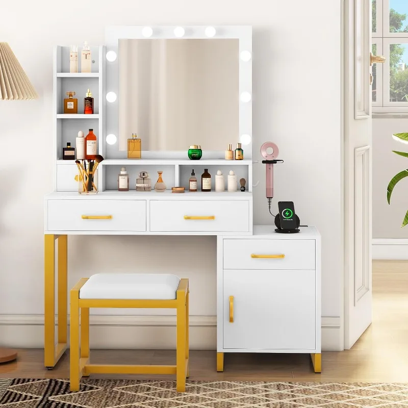 Makeup Vanity Desk with Mirror and Lights & Charging Station, Vanity Table Set with Chair, Drawers
