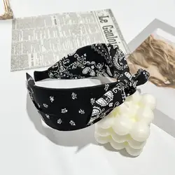 Vintage Boho Bow Print Wide Headbands - Elegant Cross Knot Hair Accessories (Black)