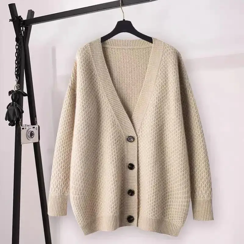 

Winter 2023 New 100% pure wool cardigan Women V-neck solid color loose cashmere sweater jacket thickened