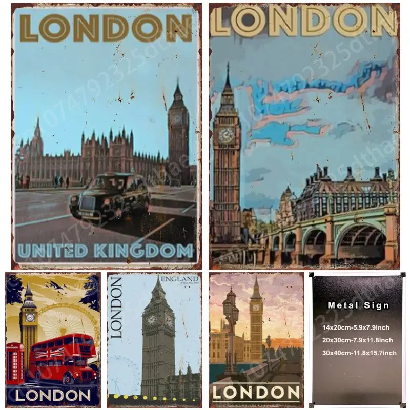 London England Vintage Travel Poster Metal Tin Sign Cafe Club Pub Mall Festival Street Garage Wall Decor Retro Home Decoration