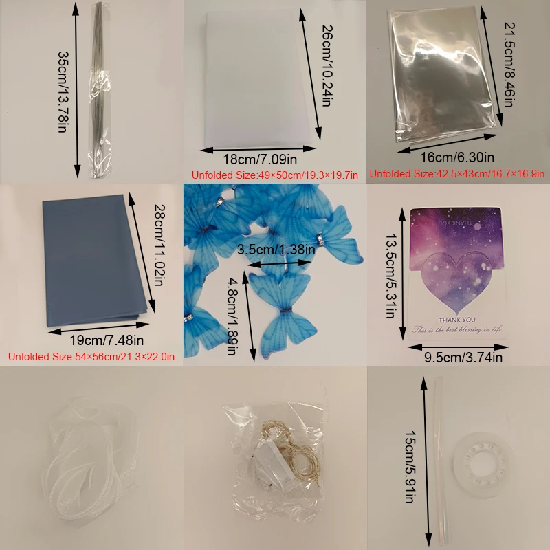 Creative Handmade Butterfly Bouquet Material Bag DIY Bride Wedding Decor features an array of packaging components with precise measurements: a straw (26cm), clear bag (18cm), white bag (20cm), blue box (19cm), and exquisite blue butterflies sized at 4.8cm and 3.5cm, along with a thank you card measuring 9.5cm. This package is perfect for innovative home decoration projects, such as crafting butterfly bouquets or enhancing settings with artificial flowers, making it an ideal choice for romantic occasions like weddings or Valentine's Day gifts.