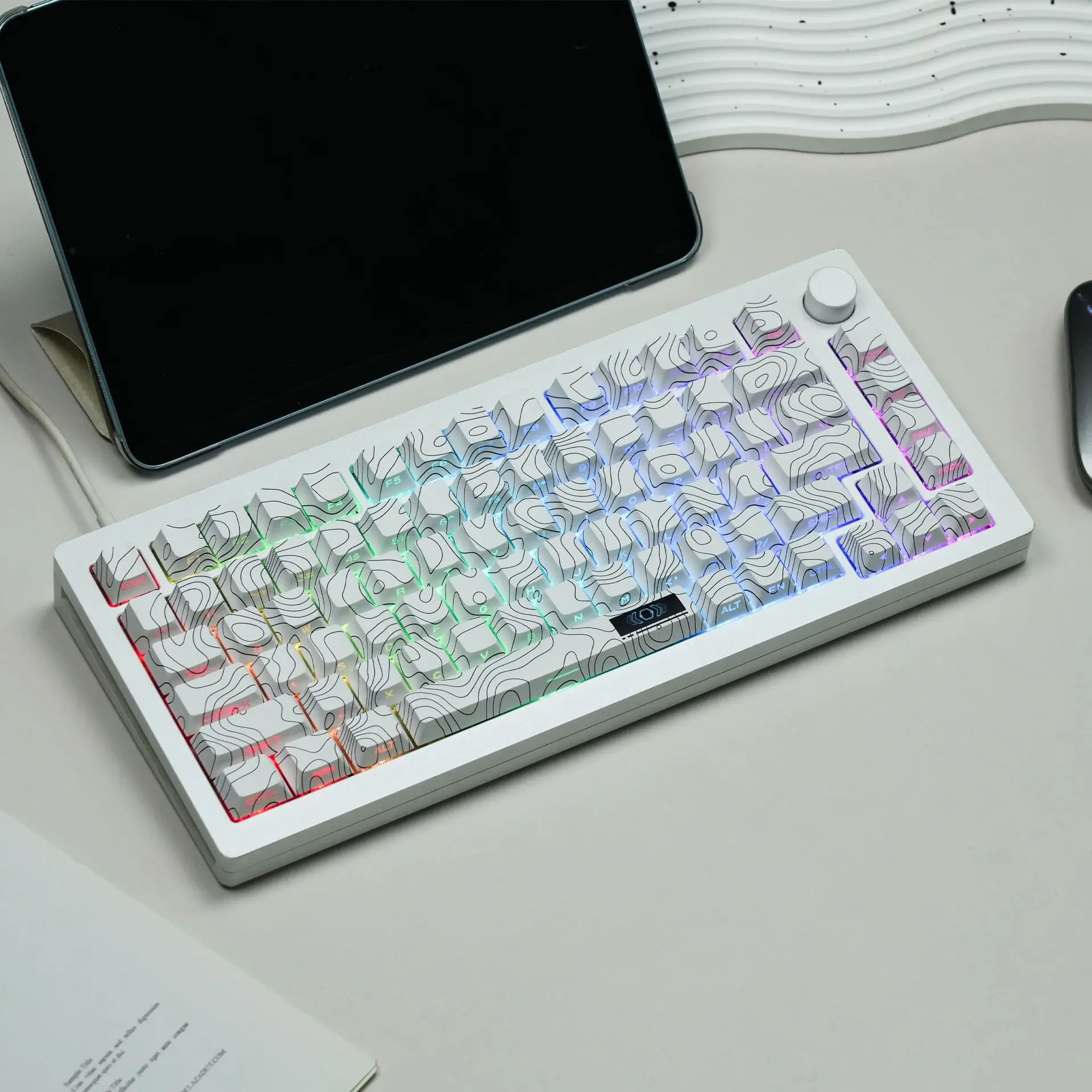 

132 Keys White Topograph Themed PBT RGB Backlit Keycaps Dye Sub Side Printed Keycap Cherry Profile for Cherry MX Switch Keyboard