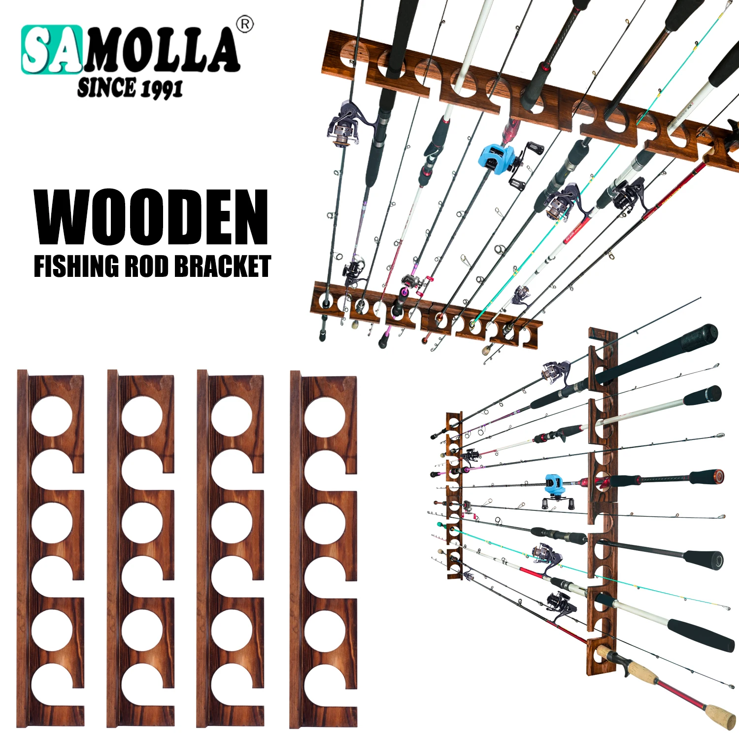 SAMOLLA 2set 12 Rod Capacity Fishing Rod Rack Anti Corrosion Solid Wood Fishing Gear Pole Racks Wall