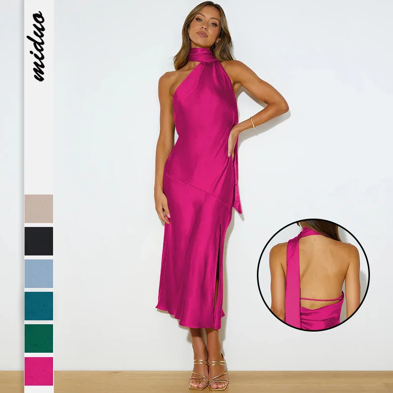 

2023 summer women's fashion satin design sexy backless slit dress