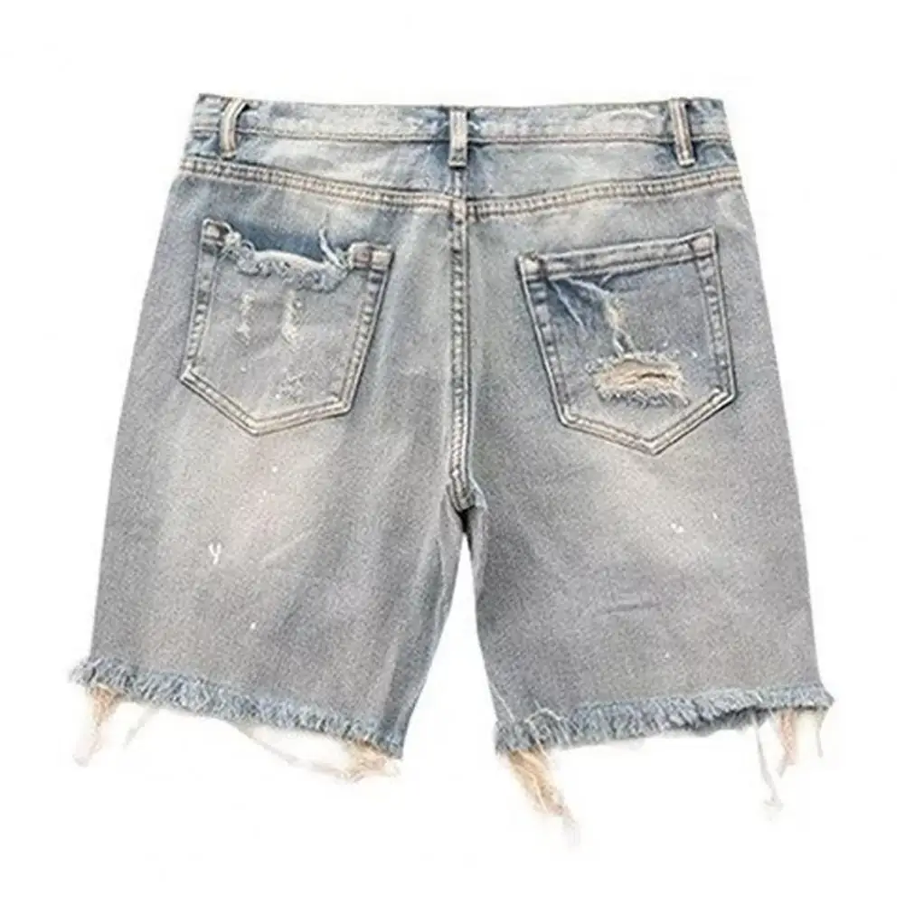 Men Summer Distressed Denim Shorts Button Zipper Fly Multi Pockets Short Jeans Straight Fit Ripped Holes Knee Length Distressed 5