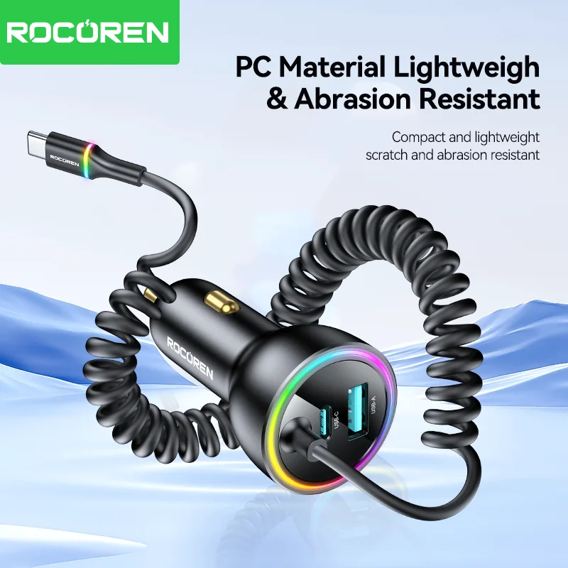 Rocoren 70W USB C Car Charger With Spring LED Cable Fast Charge Type-C USBC Car Charging Adapter For iPhone 16 15 Pro Max Xiaomi Best Sellers In Phones Accessories