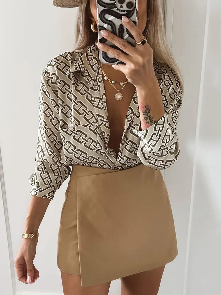 

Женские рубашки 2023 модная рубашка с принтом в виде цепочки, женские топы, воротник с лацканами, на пуговицах, свободная винтажная рубашка, топ с длинным рукавом и карманом