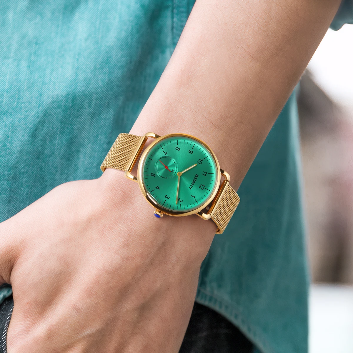 BERNY Goldene Herrenuhren, schlanker, modernistischer Stil, klassisch, elegant, Quarz-Armbanduhr, schlicht, lässig, leicht ablesbare Herrenuhr – Detail 36