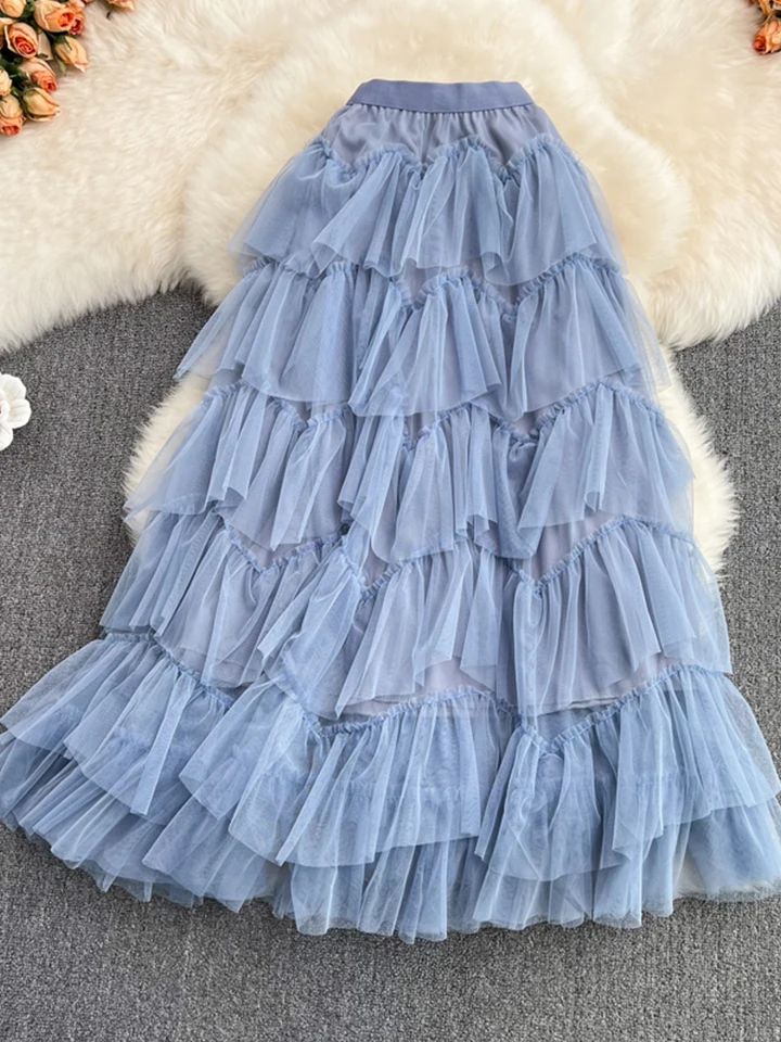 thumbnail image 2 of Skirts Women Summer A Line Pleated Midi 2 Layers Mesh Tulle Womens Fairy Patchwo 2 of 14