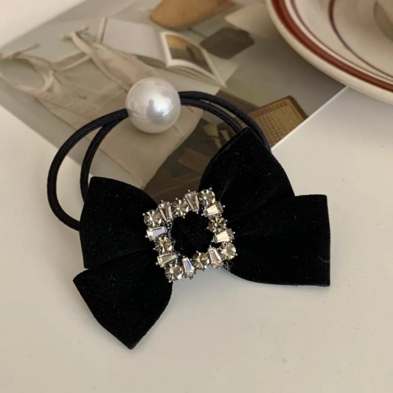 1PC Black Velvet Bow Hair Scrunchies,Rhinestone Heart/Square Hair Ties,Elegant Pearl Elastic Hair Bands,Retro Korean Style