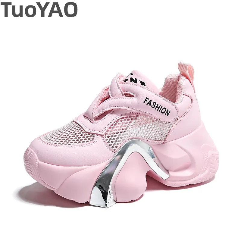 

Women High Platform Breathable Genuine Leather Shoes Lace-up Summer Chunky Sneakers 7.5CM Wedge Heels Woman Hollow Leisure Shoes