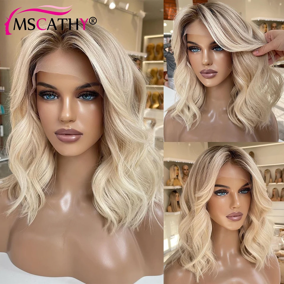 

Ash Blonde Ombre Human Hair Wigs For Women Body Wave HD Transparent Lace Frontal Wig Brazilian Remy Hair Short Bob Wig Pre Pluck