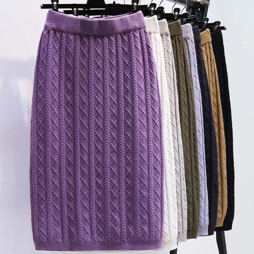 Retro Spring Autumn Twist Knitted Sweater Skirts Women Thick Straight