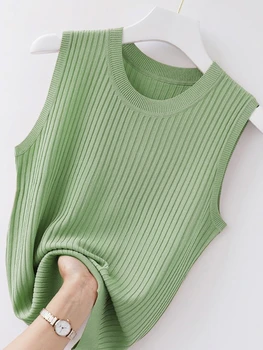 قميص قصير نسائي مريح بلون سادة لعام 2025، قميص صيفي محبوك أبيض قصير بدون أكمام 6