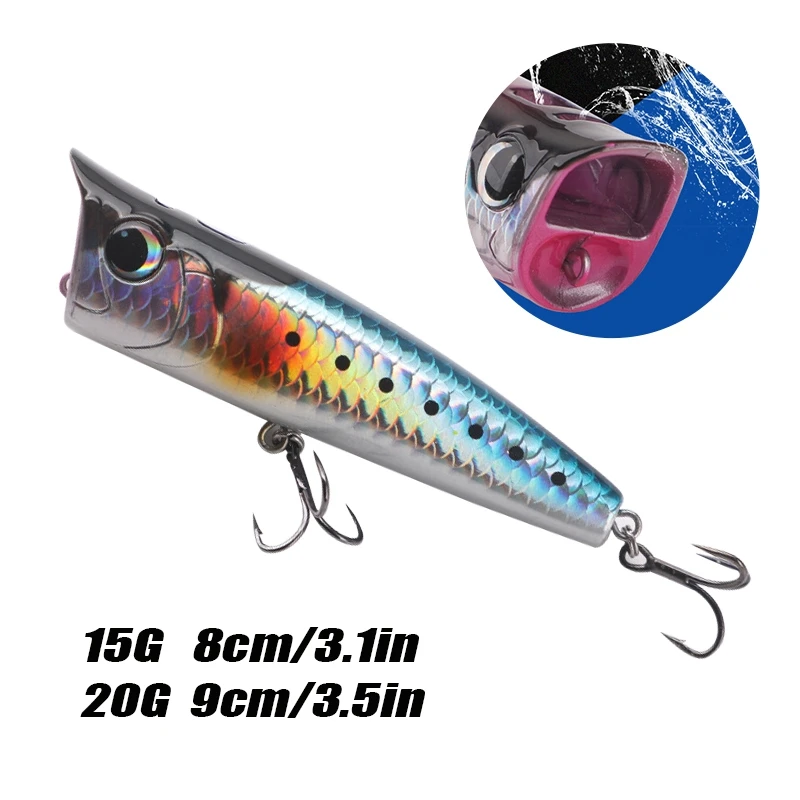 15/20g Popper Fishing Lure Topwater Artificial Bait Spinning Hard Baits Saltwater Fishing Bait for Bass Pike with 2 Treble Hooks