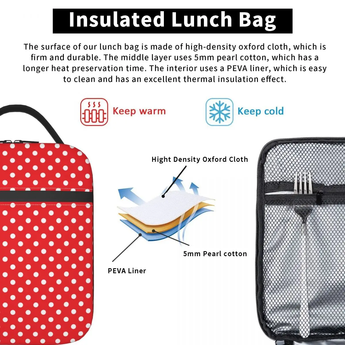 Classic Red And White Polka Dot Insulated Lunch Bag for Women Portable Cooler Thermal Lunch Box Office Work School