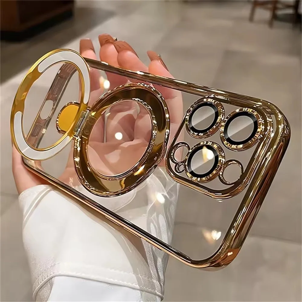 For Magsafe Bracket Plating Case For iPhone Pro Max Plus Magnetic Stand Ring Holder Transparent Shockproof Cover