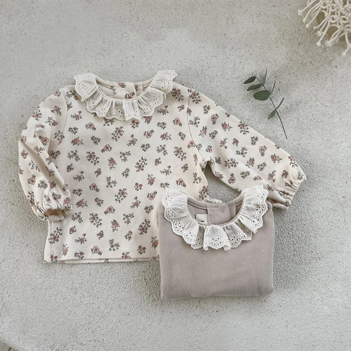 Summer Baby Girl Lace Long Sleeves Bottoming Shirt Infant Girl Cotton Flower Print Tops Toddler Boy Pure Color T-shirts