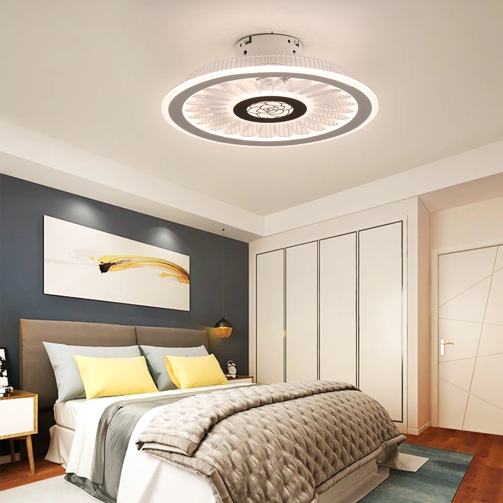 Semi Flush Mount Chandelier Fan Dimmable Ceiling Fan with LED Light 18" Remote Control 3 Colors 3 Speeds with Hidden Blades