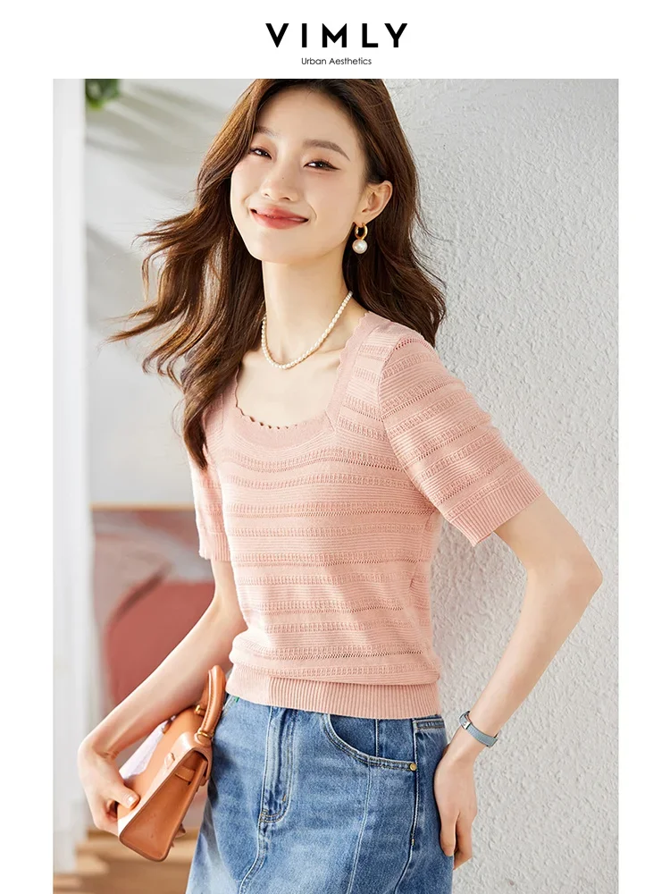 

Vimly Pink Thin Texture Short Sleeve Knitwear for Women 2023 Summer Knit Tops Loose Square Collar High Strecth Pullover Sweaters