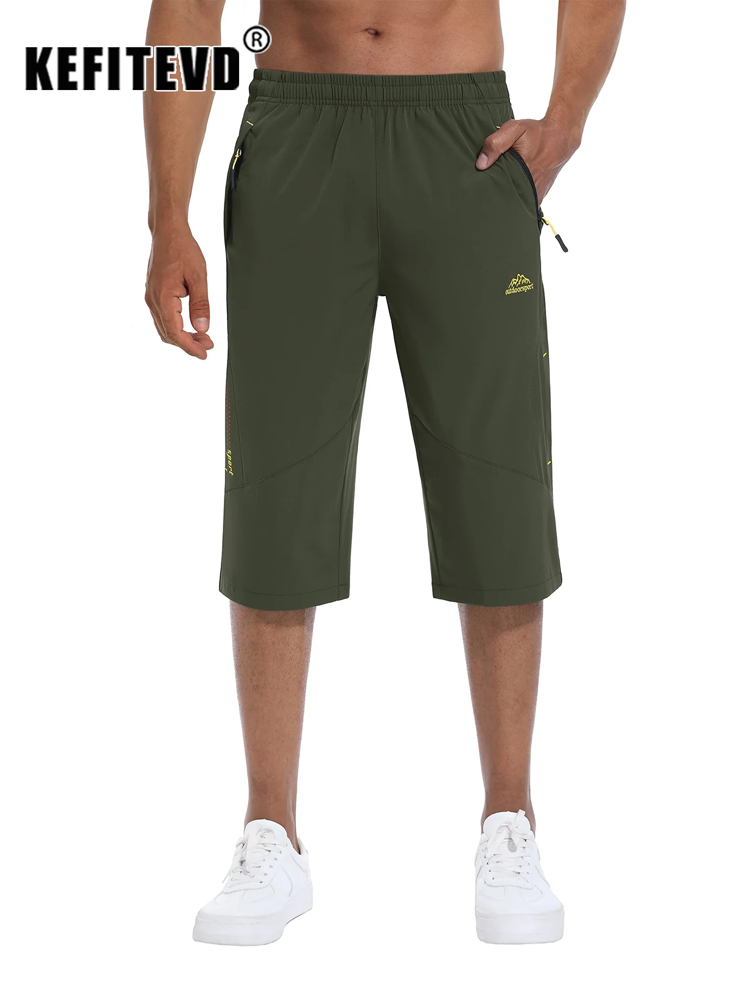 KEFITEVD Summer Quick Dry Hiking Shorts Men's Cargo 3/4 Short Lightweight Water Resistant Elastic Capris Zipper Pocket Jogger