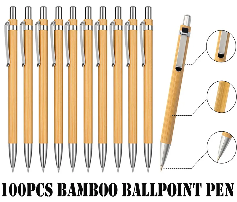 

100 Bamboo Pen Bamboo Wood Ballpoint Pen 1.0mm Bullet Tip Business Signature Ball Pen Office School Wrting Stationery