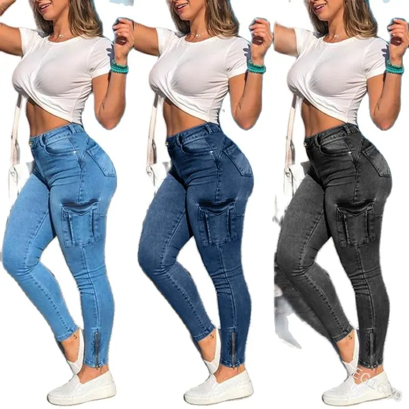 

KV1689 European and American Sexy Zipper Pants Pocket Grinding White Old Fashion Women's Denim Jeans