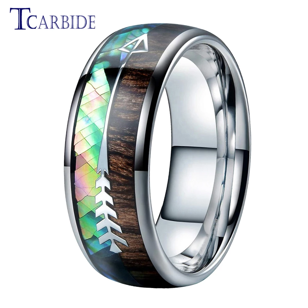 

8MM New Tungsten Wedding Band Ring For Men Women Domed With Arrow Koa Wood Shell Inlay Cool Gift Jewelry Comfort Fit