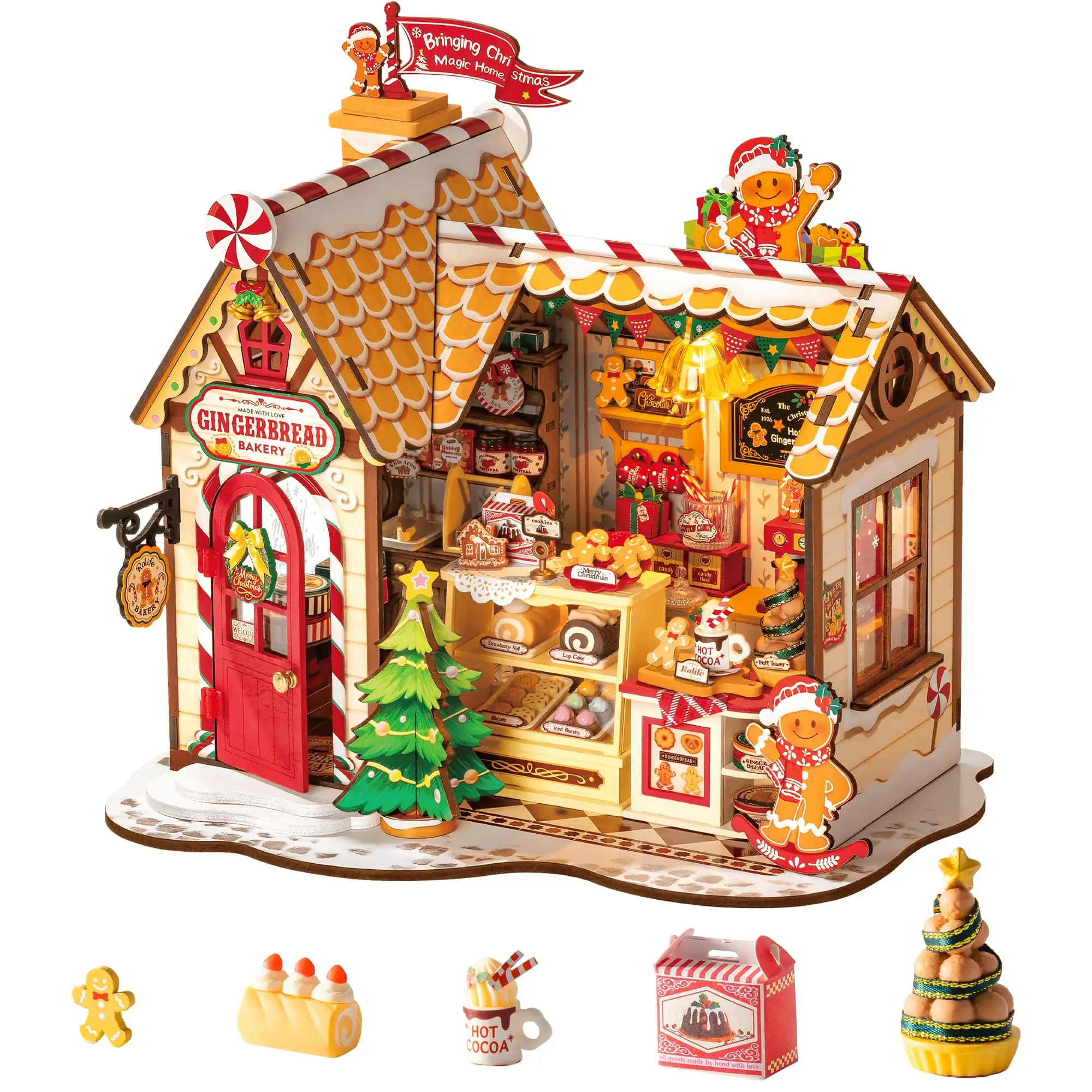 Rolife Gingerbread House DIY Miniature Kit Christmas Themed Dollhouse with Lights for Home Decor Holiday Gift for Family Friend