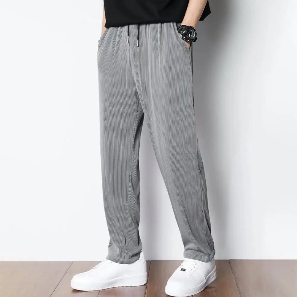 

Men Pants Mid-rise Elastic Waistband Long Sweatpants Drawstring Pockets Ribbed Summer Pants Fast Drying Ice Silk Male Trousers