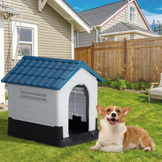 26 inch Plastic Dog House,with Air Vents and Elevated Floor, Insulated Water Resistant Puppy Shelter Kennel Doghouse Pet House