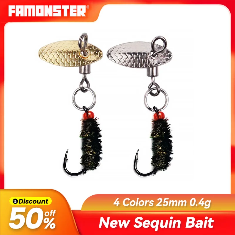 Famonster Fishing Lure HardMetal  Feather Hooks Wobblers Crank Baits Sequin Weighted Crank Spoon sequins Hooks Pike Bass Winter