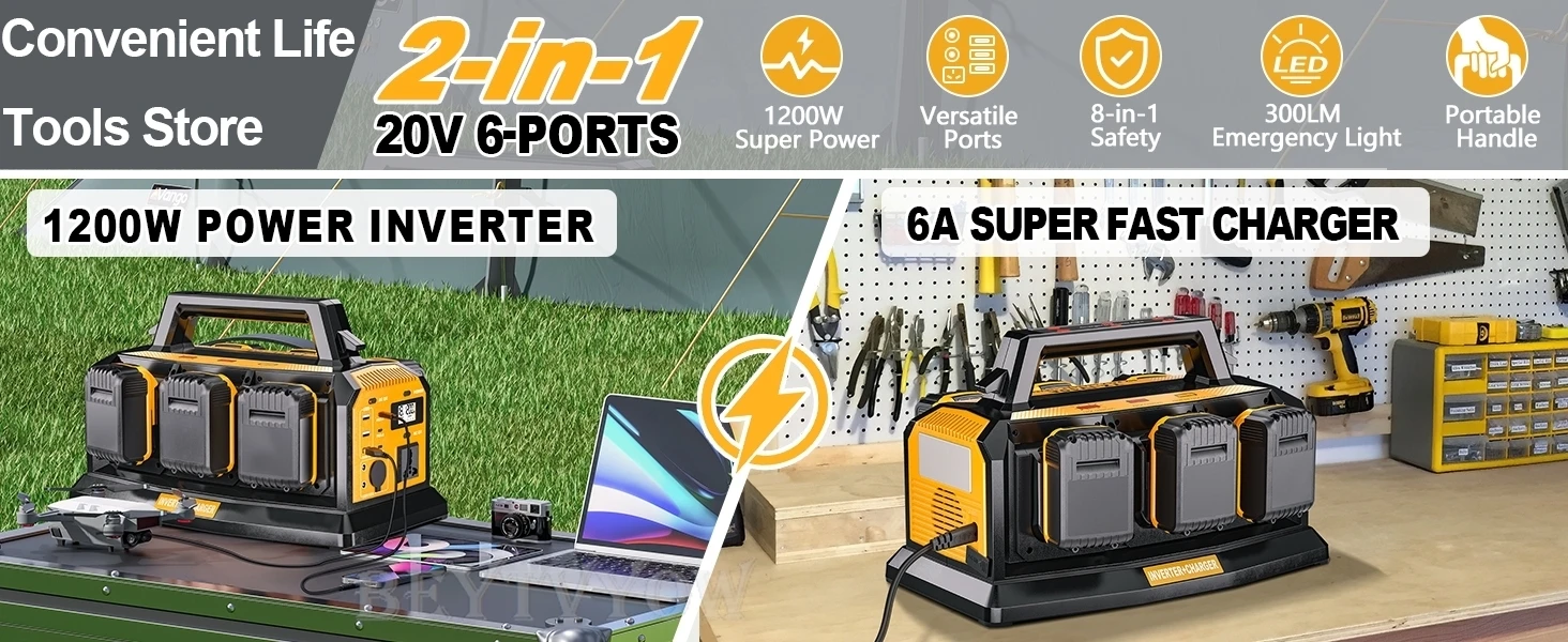 1200W Power Inverter Battery Charger 2-in-1 for DeWalt Battery 6 Ports Rapid Cha